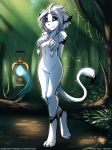  2019 anthro black_sclera blue_eyes braided_hair breasts casual_nudity claws conditional_dnp convenient_censorship detailed_background digitigrade english_text featureless_crotch felid feline female forest fur hair hair_covering_breasts hands_behind_back hi_res keidran lamp lantern mammal markings navel nude outside pigtails small_breasts smile solo tail_tuft text toe_claws tom_fischbach tree tuft twokinds webcomic white_fur willow_wisp 