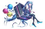  1girl absurdly_long_hair aqua_eyes aqua_hair arm_support balloon bare_shoulders black_legwear black_skirt blush boots cable commentary detached_sleeves dial floating floating_object gesoking06 grey_shirt hair_ornament hatsune_miku headphones long_hair looking_to_the_side machine necktie neon_trim pushbutton red_neckwear shirt sitting skirt sleeveless sleeveless_shirt smile solo speaker square streamers thigh_boots thighhighs twintails very_long_hair vocaloid white_background zettai_ryouiki 