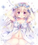  1girl :d armpits arms_up azumi_kazuki bangs bare_shoulders blue_bow blue_flower blue_rose blush bow breasts brown_hair collarbone commentary_request dress eyebrows_visible_through_hair flower flower_wreath hair_between_eyes hair_bow hair_intakes head_wreath highres knees_together_feet_apart knees_up long_hair looking_at_viewer medium_breasts navel open_mouth original pink_flower purple_eyes rose sitting smile solo striped striped_bow very_long_hair white_dress white_flower wrist_cuffs 