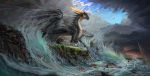  2019 claws day detailed_background digital_media_(artwork) dragon hi_res horn membrane_(anatomy) membranous_wings outside rock scales scalie sky spines themefinland water western_dragon wings 