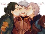  3boys ashe_ubert blue_eyes blue_hair caspar_von_bergliez cheek_kiss closed_eyes fire_emblem fire_emblem:_three_houses freckles green_hair grey_hair gslnsk_3230 heart highres kiss linhardt_von_hevring long_hair multiple_boys one_eye_closed open_mouth teeth white_background yaoi 