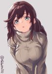  1girl bangs braid breasts brown_hair brown_sweater casual ebifurya green_eyes grey_background highres kantai_collection large_breasts long_sleeves looking_at_viewer noshiro_(kantai_collection) open_mouth ribbed_sweater sweater swept_bangs turtleneck turtleneck_sweater twin_braids upper_body v_arms 