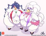  2019 accessory anthro avian beauty_mark belly big_belly big_breasts big_butt biped bird bonnie_(nekocrispy) breasts butt clothed clothing deep_navel digital_media_(artwork) duo eyelashes eyeshadow female hair hair_over_eye huge_butt looking_at_viewer makeup navel nekocrispy non-mammal_breasts obese obese_female open_mouth overweight overweight_female purple_eyes red_eyes skimpy smile thick_thighs tina_(nekocrispy) voluptuous wide_hips 