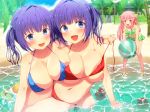  beach bikini blush bow breasts cleavage emoi_do group long_hair navel original pink_eyes pink_hair purple_eyes purple_hair short_hair summer swimsuit twintails undressing water wet 