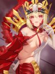  1girl ahoge bare_shoulders blonde_hair braid breasts crown dragon_tail dress elbow_gloves facial_mark fate/grand_order fate_(series) french_braid gloves guriguri_(arayotto4351) hair_bun hair_intakes hair_ribbon highres kneeling long_hair looking_at_viewer navel nero_claudius_(fate) off_shoulder open_mouth queen_draco_(fate) red_dress red_eyes red_ribbon ribbon scales single_glove small_breasts smile solo tail white_gloves 