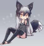  1girl adapted_costume animal_ears bare_shoulders black_gloves black_hair black_legwear black_swimsuit blue_bow bow collarbone commentary_request elbow_gloves extra_ears eyebrows_visible_through_hair fox_ears fox_tail gloves grey_hair highres kemono_friends kolshica long_hair multicolored_hair no_shoes one-piece_swimsuit silver_fox_(kemono_friends) silver_hair sitting sleeveless solo swimsuit tail thighhighs toeless_legwear yellow_eyes 