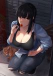  1girl absurdres alley black_eyes black_hair breasts candy cat cleavage denim food hand_on_own_thigh highres hime_cut jeans large_breasts licking_paw lollipop long_hair naoko-san naoko_(9113419) original pants sidelocks sleeves_pushed_up solo squatting tank_top torn_clothes torn_jeans torn_pants 