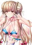  1girl ahoge alternate_costume ass azur_lane bangs bikini bikini_bottom_pull blue_bikini blush braid breasts choker cleavage commentary_request condom cum cum_in_pussy double_bun double_w eyebrows_visible_through_hair formidable_(azur_lane) formidable_(the_lady_of_the_beach)_(azur_lane) hands_up hanging_breasts lactation large_breasts leaning_forward long_hair looking_at_viewer moepush navel nipple_cutout nippleless_clothes red_eyes revision ribbon sidelocks single_thighhigh solo swimsuit thighhighs used_condom very_long_hair w 