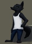  anthro barefoot betty_(weaver) black_fur bottomwear canid canine canis cigarette clothed clothing disney famished_(artist) female fur hi_res mammal pack_street pants shadow shirt solo standing tank_top topwear wolf zootopia 