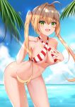  1girl absurdres ahoge bent_over bikini blonde_hair blush bottomless breasts commentary_request criss-cross_halter day eyebrows_visible_through_hair fang fate/grand_order fate_(series) green_eyes hair_between_eyes hair_intakes halterneck highres large_breasts long_hair looking_at_viewer navel nero_claudius_(fate)_(all) nero_claudius_(swimsuit_caster)_(fate) outdoors revision smile solo striped striped_bikini swimsuit tming twintails water 