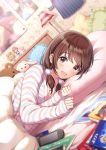  1girl :d bangs bed blurry blurry_foreground blush book breasts brown_eyes brown_hair cleavage commentary_request depth_of_field eyebrows_visible_through_hair frilled_pillow frills hair_ornament handheld_game_console hands_up highres indoors lamp lampshade long_hair long_sleeves looking_at_viewer low_twintails lying on_side open_mouth original pillow poster_(object) sleeves_past_wrists small_breasts smile solo striped_jacket stuffed_animal stuffed_bunny stuffed_toy teddy_bear twintails under_covers upper_body yatomi 