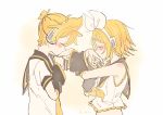  1boy 1girl artist_name bare_shoulders blonde_hair blush bow brother_and_sister crop_top detached_sleeves flat_chest hair_bow hair_ornament hairclip hand_kiss headphones headset highres holding_hand kagamine_len kagamine_rin kiss m0ti midriff sailor_collar short_hair short_ponytail siblings sketch twins twitter_username upper_body vocaloid 
