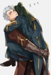  2boys back blue_eyes blue_hair boots carrying caspar_von_bergliez fire_emblem fire_emblem:_three_houses gloves green_hair grey_background gslnsk_3230 hair_bun highres linhardt_von_hevring long_hair multiple_boys yaoi zzz 