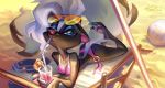  bedroom_eyes beverage bikini blue_claws blue_eyes blue_nails claws clothing colored_nails courtney_brushmarke drinking eyeshadow eyewear female half-closed_eyes hi_res holivi looking_at_viewer lying makeup mammal mephitid nails seductive skunk solo straw sunglasses swimwear 