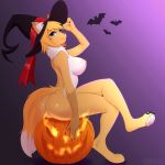 1:1 2019 4_toes 5_fingers anthro blue_eyes breasts butt canid canine canis claws clothing digital_media_(artwork) digitigrade female fingers food fox fruit fur hair halloween hat_only headgear headwear hi_res holidays lunarii mammal mostly_nude nude orange_fur plant pumpkin simple_background smile solo toes 