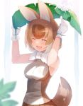  1girl animal_ears bare_shoulders bow bowtie closed_eyes commentary_request cowboy_shot dhole_(kemono_friends) dog_ears dog_tail extra_ears eyebrows_visible_through_hair fang gloves highres kemono_friends leaf leaf_umbrella light_brown_hair light_brown_shirt meth_(emethmeth) multicolored_hair open_mouth pleated_skirt shirt short_hair skirt sleeveless smile solo tail two-tone_hair two-tone_shirt water_drop white_gloves white_hair white_neckwear white_shirt 