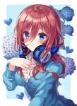  1girl bangs blue_background blue_cardigan blue_eyes blue_flower blush breasts brown_hair cardigan collared_shirt commentary dress_shirt ecu8080 eyebrows_visible_through_hair fingernails floral_background flower go-toubun_no_hanayome hair_between_eyes hand_up headphones headphones_around_neck heart highres hydrangea long_hair long_sleeves looking_at_viewer medium_breasts nakano_miku outside_border parted_lips purple_flower revision shirt solo two-tone_background upper_body white_background white_shirt 