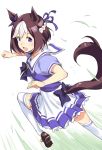  1girl :d animal_ears bow commentary_request frilled_skirt frills hair_ribbon horse_ears horse_tail looking_back open_mouth pleated_skirt purple_bow purple_eyes purple_ribbon ribbon saeki_shun school_uniform serafuku single_stripe skirt smile solo special_week tail thighhighs umamusume white_legwear 