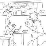 1:1 anthro black_and_white canid canine canis chair clothed clothing disney eating female food fox fries group inside judy_hopps lagomorph leporid male mammal monochrome nick_wilde numbro rabbit scut_tail shirt sitting sketch table topwear wolf zootopia 