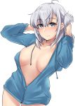  1girl absurdres ahoge bangs blue_eyes blue_jacket blush breasts closed_mouth collarbone eyebrows_visible_through_hair hair_between_eyes highres jacket kantai_collection kiritto large_breasts lips long_sleeves navel one_side_up open_clothes open_jacket silver_hair simple_background solo suzutsuki_(kantai_collection) white_background 