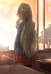  absurdres copyright_request green_hair highres jitsu_wa_watashi_wa looking_at_viewer school_uniform sunset tagme 