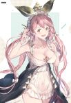  1girl :d blush bow breasts brown_eyes cleavage collarbone dress granblue_fantasy highres long_hair maid_headdress medium_breasts milli_little monster_girl open_mouth pink_hair plant_girl plant_on_head quad_tails smile solo standing very_long_hair white_bow white_dress yggdrasil_(granblue_fantasy) 