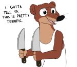  anthro brown_fur clothed clothing dialogue disney duke_weaselton english_text fangs fur holding_knife holding_object holding_weapon knife male mammal mustela mustelid musteline open_mouth shirt simple_background skunkbutt_(artist) solo tank_top text topwear weapon white_background zootopia 