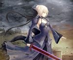 1girl artoria_pendragon_(all) bangs black_ribbon blonde_hair braid breasts cleavage collarbone commentary_request dark_excalibur detached_sleeves dress eyebrows_visible_through_hair fate/stay_night fate_(series) from_side hair_ribbon holding holding_sword holding_weapon long_sleeves medium_breasts mjjn8232 ribbon saber_alter short_hair solo sword weapon yellow_eyes 