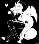  &lt;3 2019 4_fingers absurd_res anthro big_breasts black_and_white black_background bovid breasts caprine clothed clothing demon female fingers half-closed_eyes hi_res horn inktober looking_at_viewer lorna_(miso_souperstar) mammal miso_souperstar monochrome signature simple_background smile solo wings 