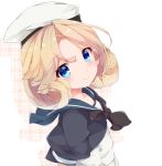  1girl bangs blonde_hair blue_eyes blue_sailor_collar blush dress eyebrows_visible_through_hair fuuna hat janus_(kantai_collection) kantai_collection parted_bangs puffy_short_sleeves puffy_sleeves sailor_collar sailor_dress sailor_hat short_hair short_sleeves smile solo upper_body white_headwear 