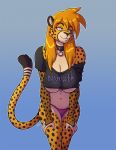  2019 5_fingers anthro breasts cheetah clothed clothing conditional_dnp digital_media_(artwork) dynamite_(kadath) felid feline female fingers fur grey_eyes hair kadath long_hair looking_at_viewer mammal orange_hair panties shirt simple_background smile solo spots spotted_body spotted_fur topwear under_boob underwear 