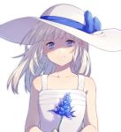  1girl bangs blue_bow blue_eyes blue_flower blunt_bangs bow character_request check_copyright dress final_fantasy final_fantasy_xv flower hat hat_bow holding holding_flower light_smile long_hair quail0503 silver_hair simple_background solo standing sun_hat white_background white_dress white_headwear 