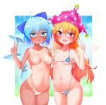  2girls :d absurdres ahoge american_flag_bikini bangs bikini bikini_pull blonde_hair blue_bikini blue_bow blue_eyes blue_hair blue_sky blush border bow breasts cameltoe cirno clownpiece cowboy_shot day eyebrows_visible_through_hair fang flag_print groin hair_between_eyes hair_bow halterneck hand_up hat highres ice ice_wings jester_cap long_hair looking_at_viewer multiple_girls navel one-piece_tan open_mouth outside_border polka_dot polka_dot_hat pulled_by_another purple_eyes purple_headwear red_bikini revision shinshi_q short_hair skin_fang sky small_breasts smile standing star star_print stomach striped striped_bikini swimsuit tan tanline tanned_cirno thighs touhou untied untied_bikini v white_bikini white_border wings 