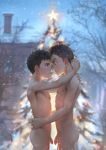  2boys abs arms_around_neck arms_around_waist backlighting bare_tree beitemian black_hair blue_eyes blurry blurry_background blush breath brown_eyes brown_hair christmas_tree cowboy_shot day eye_contact face-to-face flaccid from_side highres house hug looking_at_another multiple_boys muscle nipples nude original outdoors penis profile raised_eyebrow snow snowing tree yaoi 