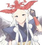  1girl black_gloves bracer fingerless_gloves gloves headpiece index_finger_raised karasu_tengu karasu_tengu_(onmyoji) long_hair onmyoji pointy_ears pom_pom_(clothes) quail0503 short_sleeves silver_eyes simple_background solo standing white_background white_hair wide_sleeves wings 