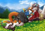  2019 4_toes 5_fingers anthro barefoot clothed clothing day detailed_background dragon duo fingers fur furred_dragon lycangel male orange_body orange_fur outside pawpads pink_pawpads sky smile toes 