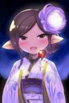  1girl :d arulumaya blush brown_eyes brown_hair candy_apple color_73 commentary_request floral_print flower food granblue_fantasy hair_flower hair_ornament hair_up harvin holding holding_food looking_at_viewer night obi open_mouth outdoors pointy_ears sash sketch sky smile solo star_(sky) 