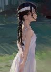  1girl arms_behind_back artist_name black_hair braid cowboy_shot dress fkey headband highres long_hair original purple_eyes signature solo sundress twin_braids white_dress 