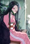  1girl bamboo bit_gag black_cloak black_hair bug butterfly checkered_obi cloak commentary_request from_side gag hair_ribbon haori head_tilt highres insect japanese_clothes kamado_nezuko kimetsu_no_yaiba kimono looking_at_viewer looking_to_the_side mouth_hold multicolored_hair on_bench orange_hair outdoors pink_eyes pink_kimono pink_ribbon ribbon signature snozaki solo two-tone_hair 