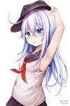  1girl alternate_costume anchor_symbol armpits black_sailor_collar blue_eyes blush breasts eyebrows_visible_through_hair flat_cap hair_between_eyes hamayuu_(litore) hat hibiki_(kantai_collection) highres kantai_collection long_hair looking_at_viewer neckerchief open_mouth pleated_skirt sailor_collar school_uniform shirt silver_hair simple_background skirt sleeveless small_breasts solo white_background white_shirt 
