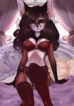  2019 anthro aurasai big_breasts black_nose blue_eyes breasts brown_hair canid canine canis clothed clothing digital_media_(artwork) female fox fur hair lingerie long_hair looking_at_viewer mammal panties pose simple_background smile solo sukimowa underwear wolf 