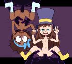  2boys 2girls a_hat_in_time absurd_res absurdres black_skin blue_eyes bow bow_kid breasts brown_hair dark_skin dark_skinned_female double_v drool eyebrows eyelashes female flat_chest flat_chested from_above hair hair_bow hair_ornament hair_ribbon hat_kid highres looking_at_viewer male male/female male_penetrating miscon nervous nipples nude on_back penetration penis purple_eyes pussy sex socks sweat the_snatcher top_hat v v_sign vagina vaginal vaginal_penetration video_games wavy_mouth 