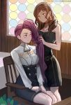  2girls bare_shoulders bed braid braiding_hair breasts brown_hair chair chocojax cleavage cravat dorothea_arnault earrings fire_emblem fire_emblem:_three_houses garreg_mach_monastery_uniform hairdressing jewelry looking_at_another multiple_girls petra_macneary purple_hair room side_ponytail sitting skirt smile stained_glass standing window 