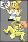  2koma animal_crossing bell big_breasts breasts canid canine canis clothed clothing deep_throat domestic_dog english_text feet female fur hi_res human isabelle_(animal_crossing) lemondude male male/female mammal meme nintendo oral penis pussy text throat_swabbing until_it_snaps video_games yellow_body yellow_fur 