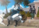  2017 4_toes alicia_(biglovealicia) anthro belly big_belly big_breasts biglovealicia black_body black_fur black_hair black_lips black_nose blue_eyes bottomwear breasts canid canine canis clothed clothing cloud curves digital_media_(artwork) earbuds female feral fingers fox fully_clothed fur group hair headphones lips mammal outside overweight overweight_female palm_tree plant shirt shorts sitting size_difference standing tank_top teeth toes tongue topwear tree weight_gain white_body white_fur wide_hips wolf 