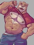  2019 acephlosion anthro big_muscles black_nipples bottomwear brown_body brown_eyes brown_fur clothing eyebrows fur hi_res jeans looking_at_viewer male mammal muscular muscular_male nipples pants shirt smile solo standing t-shirt thick_eyebrows topwear underwear undressing ursid 