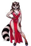  2019 anthro breasts brown_eyes brown_hair cleavage clothed clothing dress evening_gown footwear hair hand_on_hip high_heels looking_at_viewer mammal megan_giles no_underwear pelvic_curtain procyonid raccoon shoes slit_dress smile traditional_media_(artwork) wide_hips 
