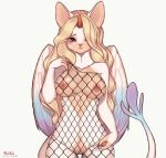  angel blonde_hair blush breasts feathered_wings feathers female fishnet hair hi_res horn hybrid invalid_tag mammal nipples prisha pussy pyyoona simple_background solo wings 