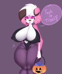  2019 absurd_res anthro big_breasts breasts canid canine capcom cosplay darkstalkers female food fruit halloween hi_res holidays looking_at_viewer lycanroc mammal midnight_lycanroc morrigan_aensland nic-m-lyc nicole_(nic-m-lyc) nintendo nipples nude plant pok&eacute;mon pok&eacute;mon_(species) pumpkin simple_background solo thick_thighs video_games 