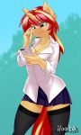  2019 anthro bottomwear breasts cleavage clothed clothing earbuds equestria_girls equid female hair headphones hi_res holding_object horn iloota legwear long_hair mammal multicolored_hair multicolored_tail my_little_pony school_uniform shirt skirt smile solo sunset_shimmer_(eg) thigh_highs topwear two_tone_hair unicorn uniform 